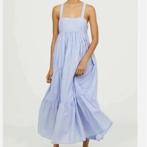 H&M EMBROIDERED PINK DOTS BLUE DROPWAIST FLOUNCY MAXI DRESS SZ 4